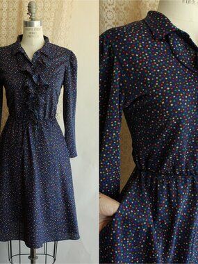 Vintage 1970s Dress with Pockets and Tie Belt, JC Penney Multicolor Polka Dots,